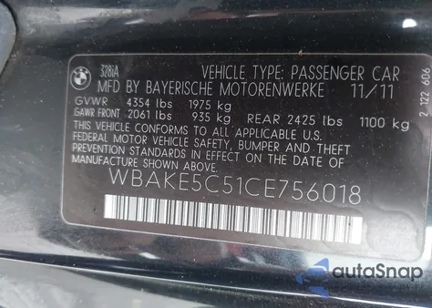 2012 BMW 328I from USA, damaged, VIN WBAKE5C51CE756018